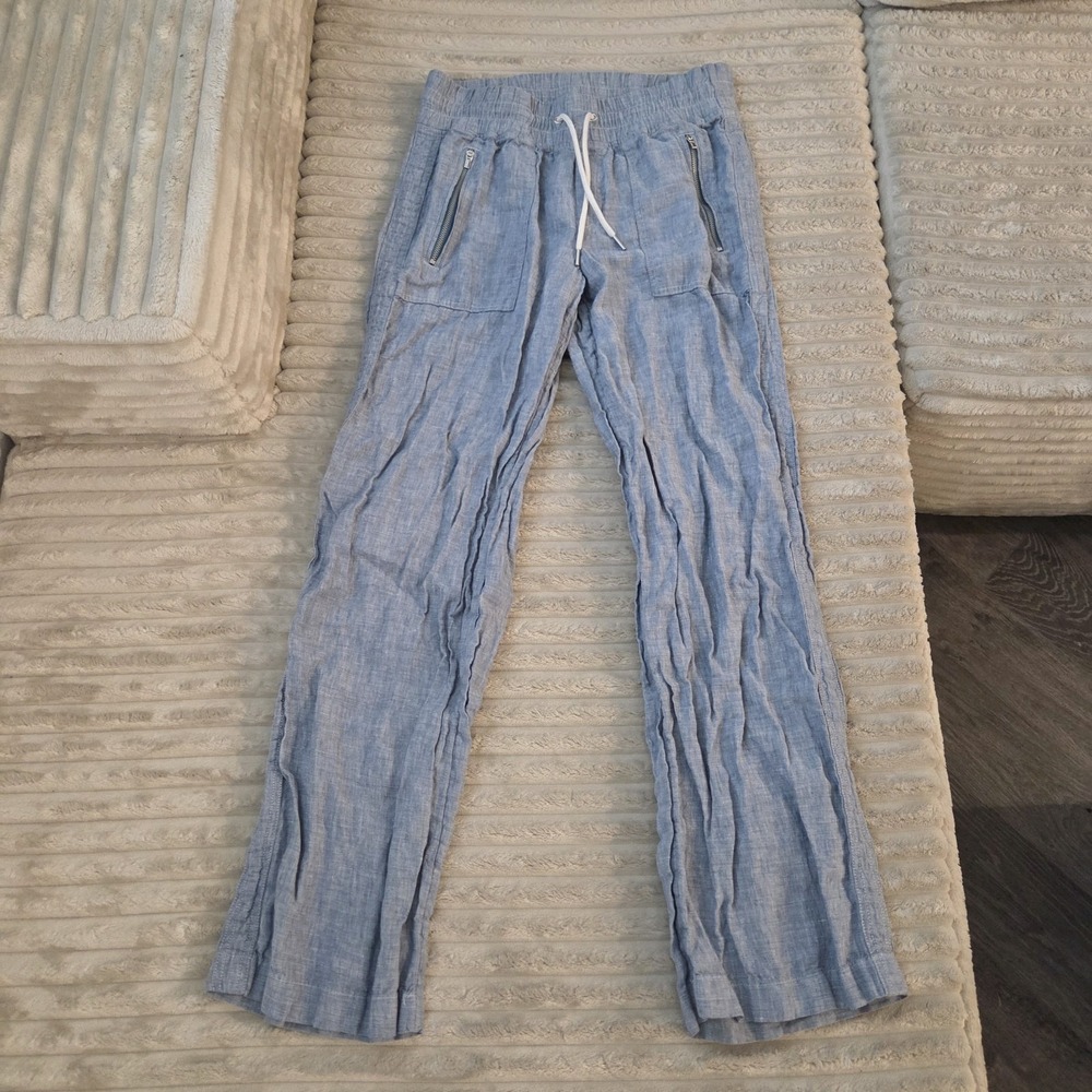 Athleta Cabo Linen Jogger Pants 6 Blue Chambray Zip Pockets Casual Travel
